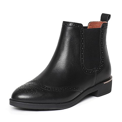 BELLE/百丽冬季专柜同款黑油皮牛皮女短靴BMT45DD6