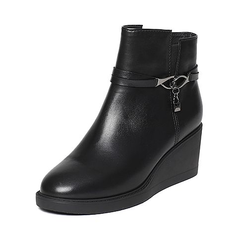 BELLE/百丽冬季专柜同款黑色打蜡牛皮女短靴(绒里）Q5L1DDD6