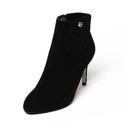 BELLE/百丽冬季专柜同款黑色羊绒皮女短靴Q5B1DDD6