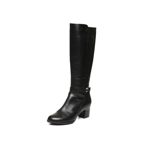BELLE/百丽冬季专柜同款黑油皮牛皮革女皮靴(绒里)BFN76DG6