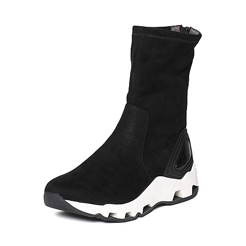 BELLE/百丽冬专柜同款黑时尚运动风弹力绒布女靴BLM62DZ6