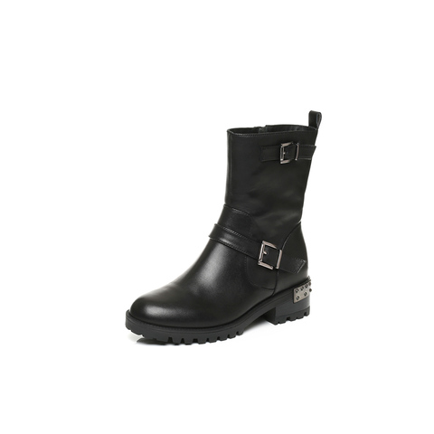 BELLE/百丽冬季专柜同款黑油皮牛皮女皮靴(绒里)BLQ62DZ6