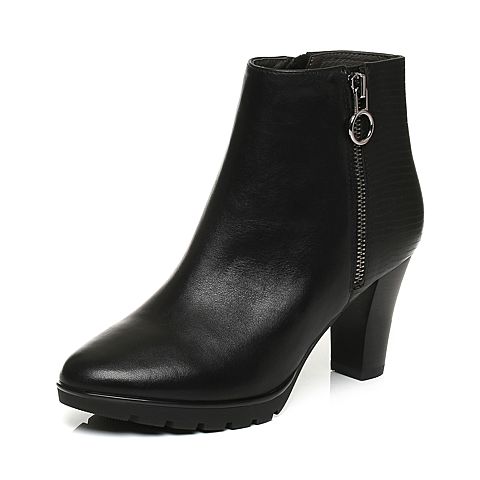 BELLE/百丽冬季专柜同款黑油皮牛皮革女皮靴BHX40DD6