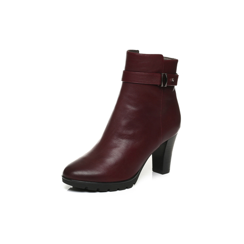 BELLE/百丽冬季专柜同款酒红油皮牛皮革女皮靴BHX45DD6