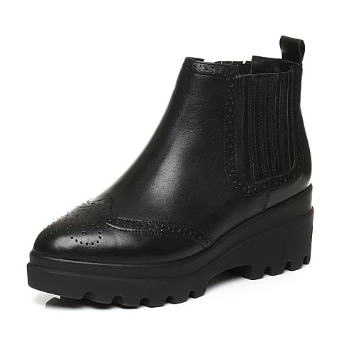 BELLE/百丽冬季专柜同款黑油皮牛皮革女皮靴(绒里)BJU45DD6