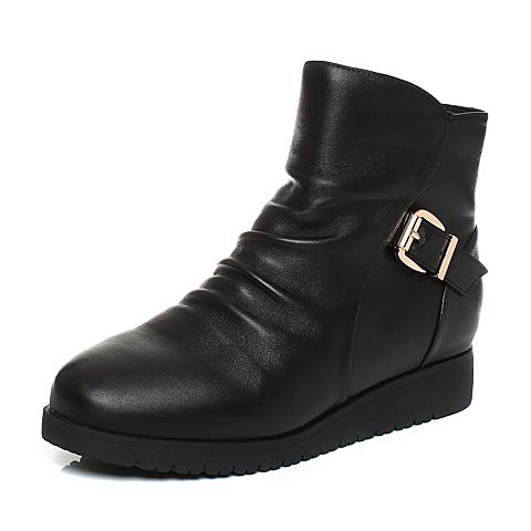 BELLE/百丽冬季专柜同款黑色羊皮圆头皮带扣女短靴(绒里）Q5A1DDD6