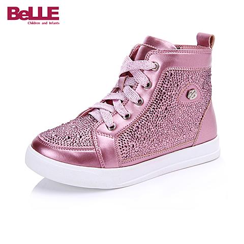 BELLE/百丽16年秋冬季新款时尚女童亮粉色高帮舒适休闲鞋运动鞋DE0158