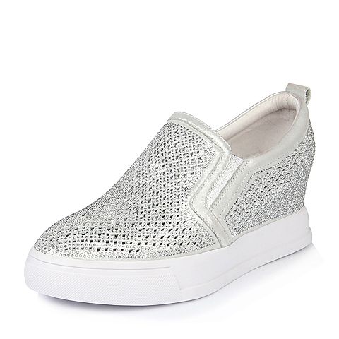 BELLE/百丽春季专柜同款银色时尚休闲布纹牛皮女单鞋Q2T1DAM6