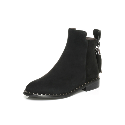 BELLE/百丽冬季专柜同款黑色羊绒皮女短靴BKD43DD6