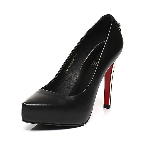 BELLE/百丽春专柜同款黑色优雅女人牛皮女单鞋Q7V1DAQ7