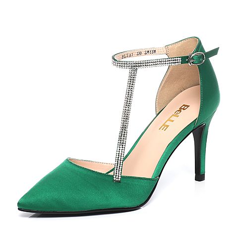 BELLE/百丽春绿色优雅大方细高跟尖头沙丁布女凉鞋BLZA1AK7