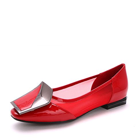 BELLE/百丽夏红色牛皮/纺织品女单鞋15520AQ7