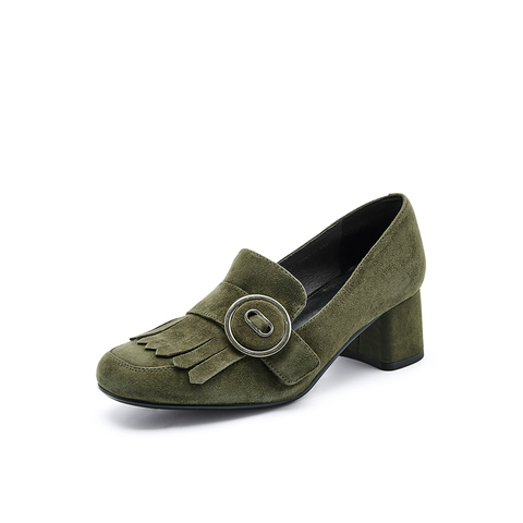 BELLE/百丽秋季专柜同款墨绿色羊绒皮粗跟女单鞋BOS23CM7