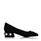 BELLE/百丽秋季专柜同款黑色羊绒皮珍珠铆钉女单鞋奶奶鞋BNJ13CQ7