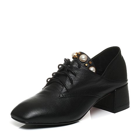 BELLE/百丽秋黑色时尚复古珍珠牛皮方头粗跟女单鞋74506CM7