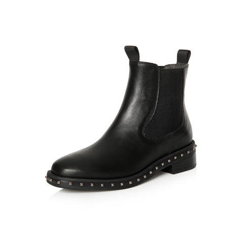 BELLE/百丽冬季专柜同款黑色油皮牛皮女短靴切尔西靴BQV57DD7