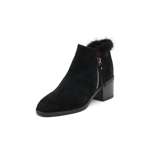 BELLE/百丽冬季专柜同款黑色羊绒皮女皮鞋BYE23DM7