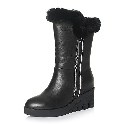 BELLE/百丽冬季专柜同款黑色水染牛皮/兔毛皮女中靴R8T1DDZ7