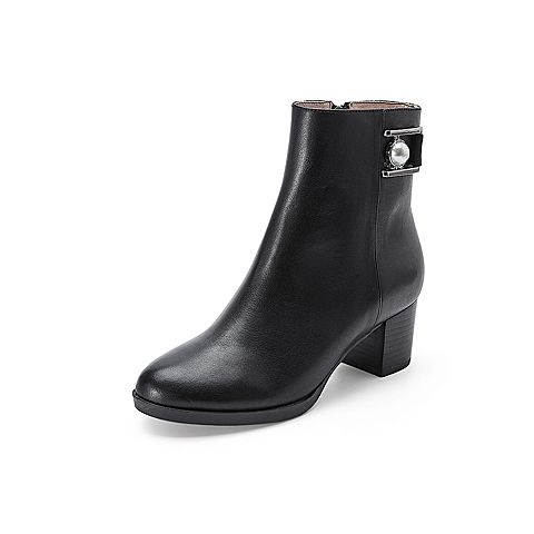 BELLE/百丽冬季专柜同款黑色牛皮女短靴BFNB3DD7