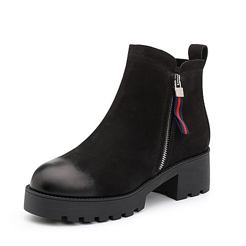 BELLE/百丽冬季专柜同款黑色珠光磨砂牛皮革女皮靴(绒里)BXP41DD7