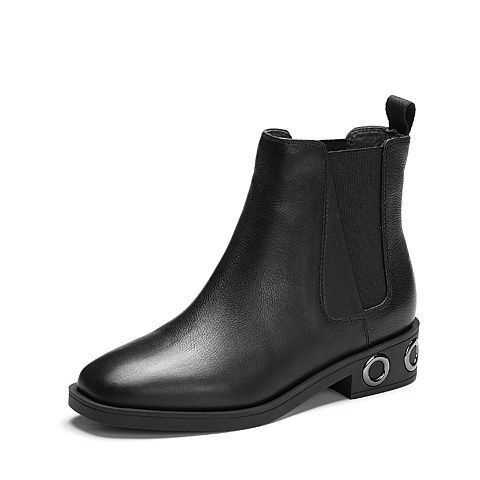 BELLE/百丽冬季专柜同款黑色牛皮女短靴BQV58DD7