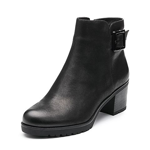 BELLE/百丽冬季专柜同款黑色打蜡磨砂牛皮女皮靴R7V3DDD7