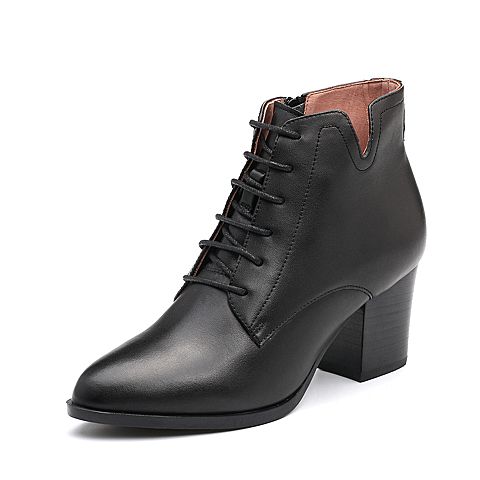 BELLE/百丽冬季专柜同款黑色油皮牛皮女短靴 BLDE5DD7