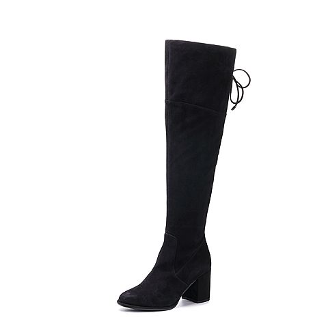 BELLE/百丽冬专柜同款黑色羊绒皮革女皮靴BXJ81DC7