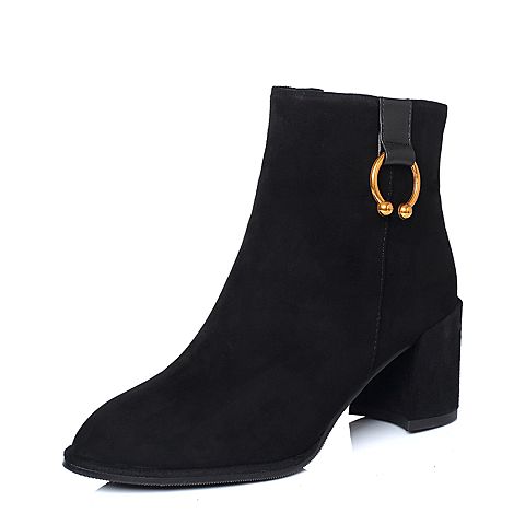 BELLE/百丽冬季专柜同款黑色羊绒皮革女皮靴(绒里)BWH40DD7
