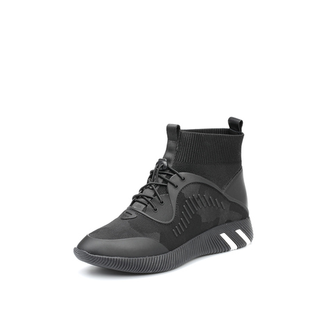 BELLE/百丽冬专柜同款黑色运动风袜靴弹力布/毛线筒/滴胶/牛皮革女休闲靴（绒里）R8X1DDD7