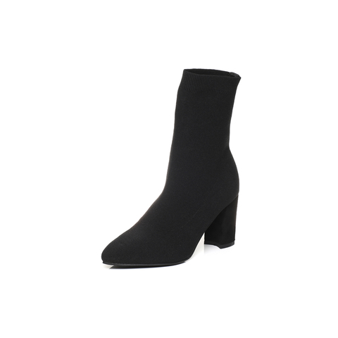 BELLE/百丽瘦瘦靴冬专柜同款黑色时尚潮流袜靴针织帮面女中靴BYZ60DZ7