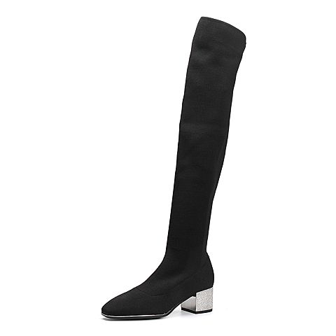 BELLE/百丽瘦瘦靴冬专柜同款黑色时尚潮流袜靴针织帮面女长靴BAG81DC7