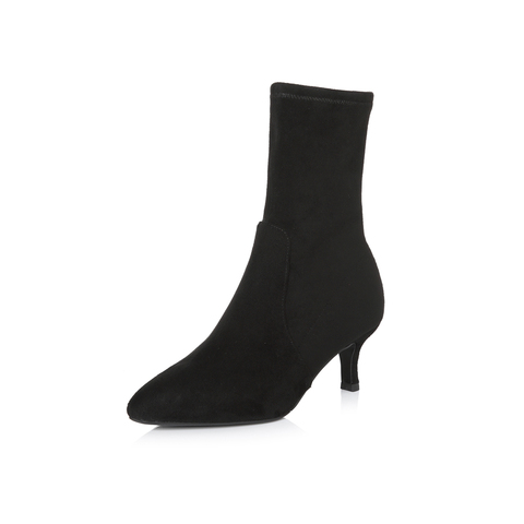 BELLE/百丽冬专柜同款黑色时尚潮流布面女中靴BWU61DZ7