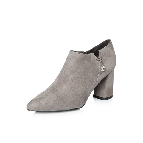 BELLE/百丽专柜同款灰色时尚英伦风羊绒皮女皮鞋BYM24AM8