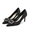 BELLE/百丽专柜同款黑色方钻装饰沙丁布尖头细跟女单鞋BVA03CQ8