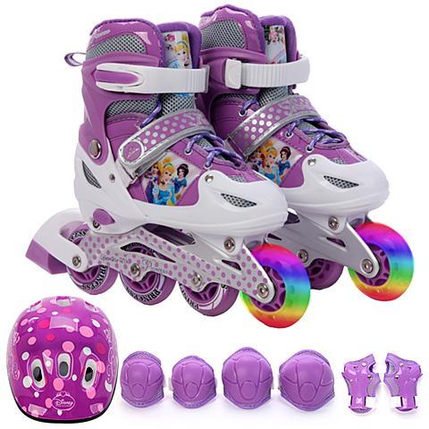 迪士尼硬壳溜冰鞋儿童全套装可调闪光直排轮滑鞋旱冰鞋滑冰鞋