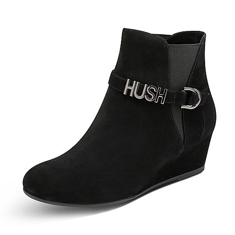 Hush Puppies/暇步士冬季专柜同款黑色羊绒皮革坡跟女休闲靴短靴HEK61DD7