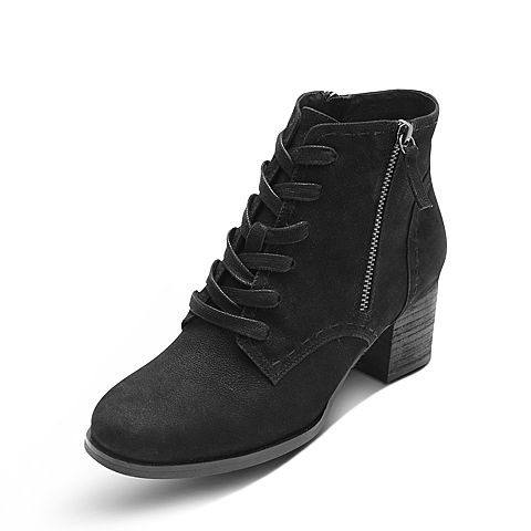 Hush Puppies/暇步士冬季专柜同款黑色磨砂牛皮革粗跟女皮靴短靴V1A02DD7