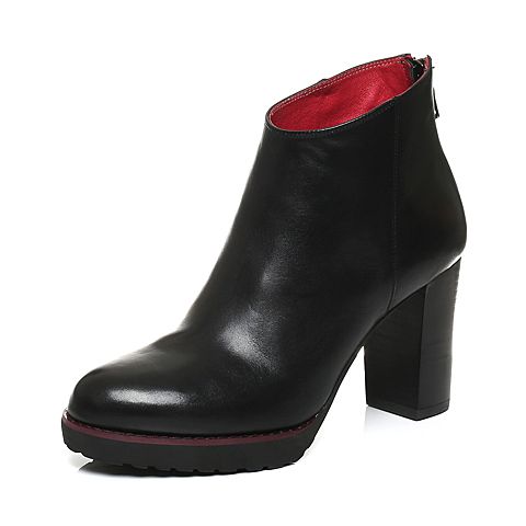 JoyPeace真美诗冬季专柜同款黑色牛皮女皮靴粗跟高跟短靴后拉链靴子ZC736DD6