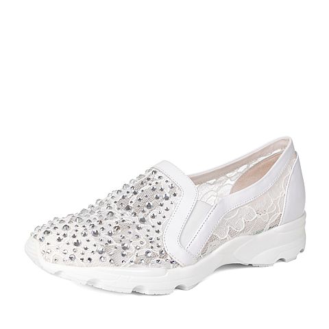 Joy&Peace/真美诗秋季专柜同款白色蕾丝透气网布坡跟女休闲单鞋300-1CM6