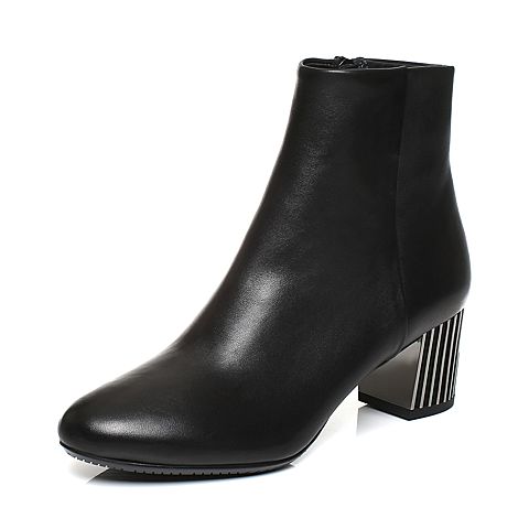 JoyPeace真美诗冬季专柜同款黑色牛皮圆头侧拉链皮靴粗跟中跟短靴女靴子YNX31DD7