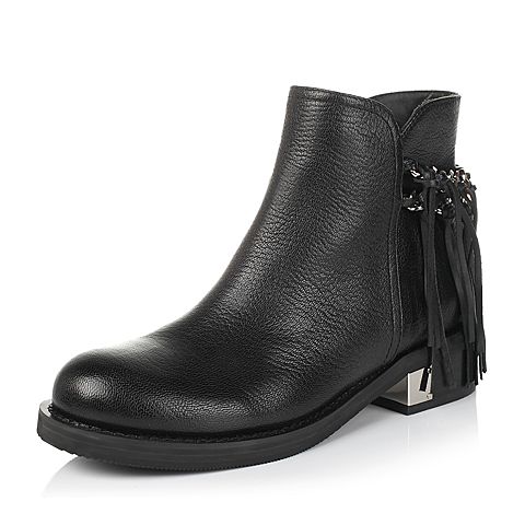 millie's/妙丽冬季专柜同款黑色羊皮/牛皮女短靴(皮里)LCC47DD5