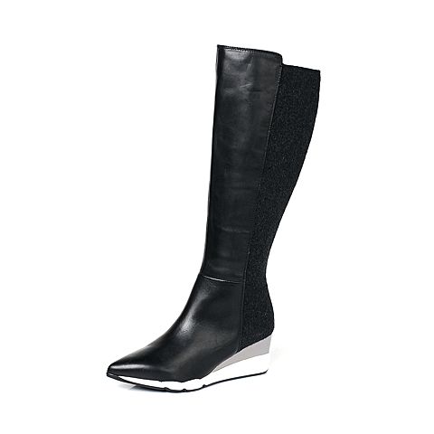 millie's/妙丽秋季专柜同款黑色牛皮拼接坡跟时尚女长靴LB970DG5