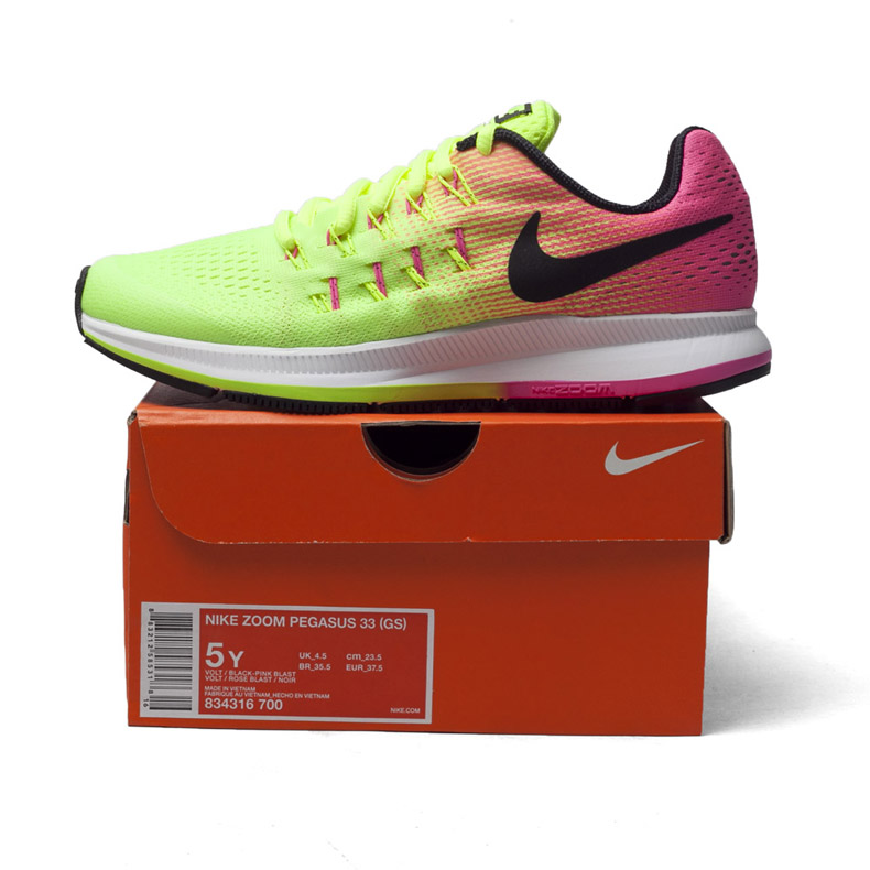 耐克834316荧光黄/黑/粉色】NIKE耐克新款ZOOM PEGASUS 33 (GS)儿童跑步