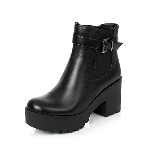Senda/森达冬季专柜同款黑色牛皮女皮靴短靴M3D46DD6