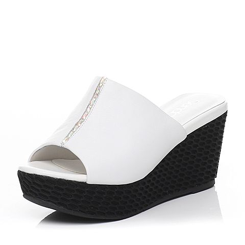 Senda/森达夏季专柜同款白软牛皮/白羊绒皮女凉拖鞋F3F01BT6