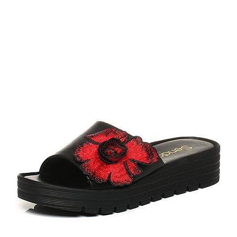 Senda/森达夏季专柜同款休闲花朵大方坡跟女凉拖鞋3LA02BT7