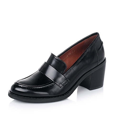 STACCATO/思加图秋季专柜同款黑色光面牛皮粗高跟舒适内敛女单鞋9XA02CM5