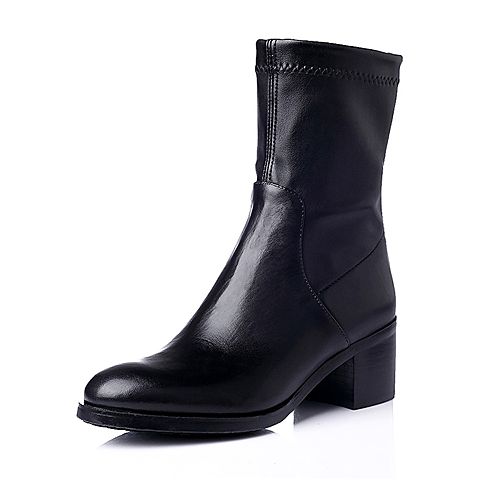 STACCATO/思加图冬季专柜同款黑色打蜡胎牛皮女靴（皮里）9SF06DZ5