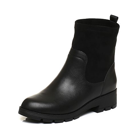 STACCATO/思加图冬季专柜同款黑色牛皮绒里方跟短筒女皮靴H7101DD6